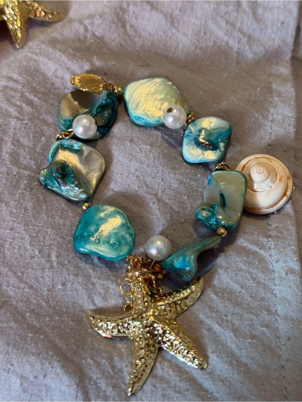 Gold Starfish & Turquoise Shell Bead Bracelet - Women Jewelry